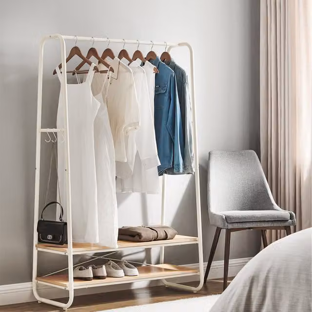 VASAGLE Multifunctional Industrial Clothes Rack with Shelves and Hooks, White, W: 160 cm, D: 45 cm, H: 190 cm