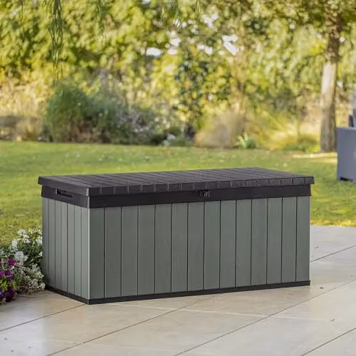 Keter Darwin 454L Outdoor Storage Box and Bench in Green, featuring Evotech Wood-Effect Composite and a Lockable Hydraulic Lid – 2