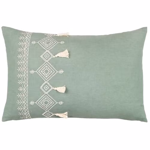 Riva Home Pritta Bohemian Geometric Embroidered Cotton Tassel Trim Cushion in Green, W: 60 cm, H: 40 cm, D: 40 cm