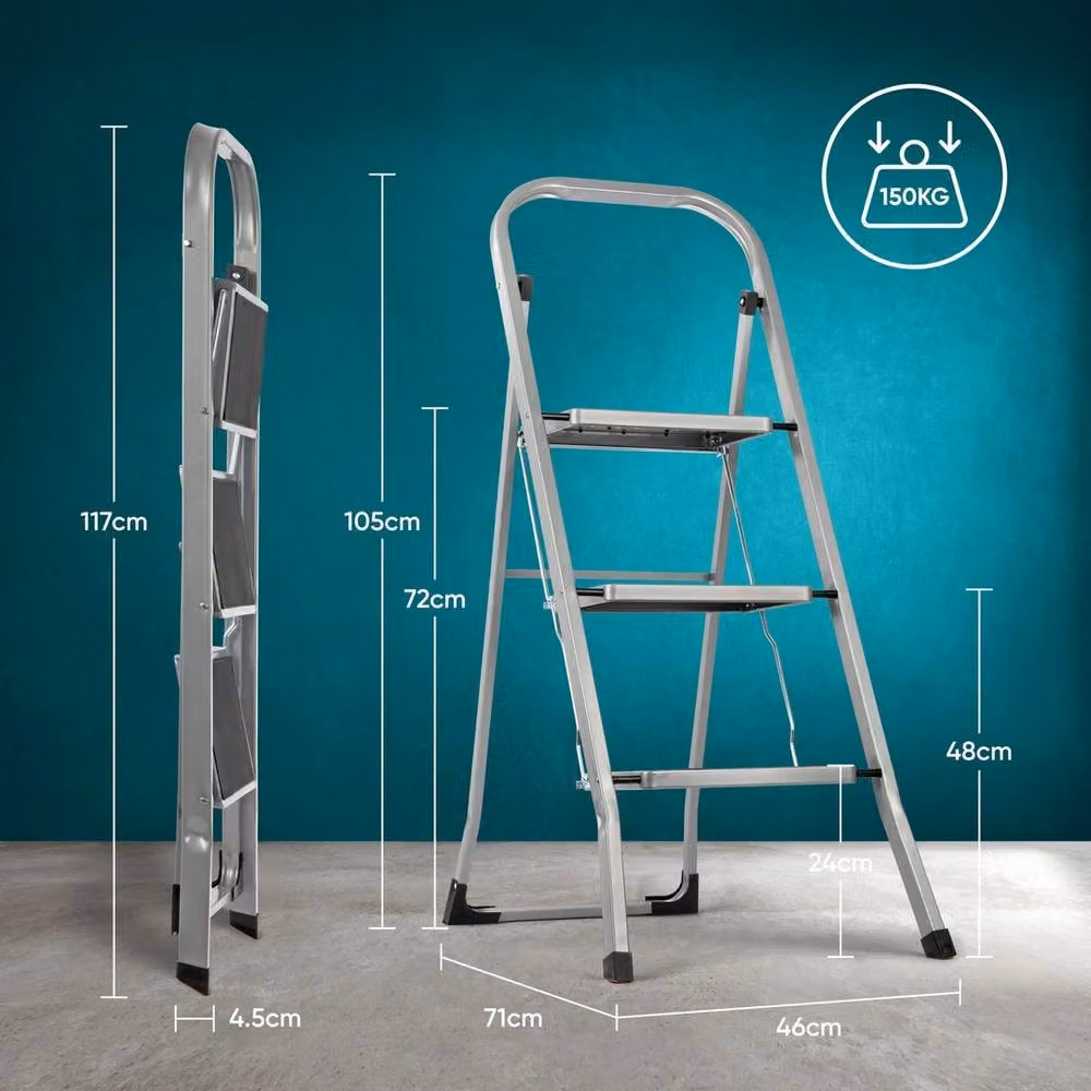 VOGREX Grey Folding Steel Step Ladder Stool with Non-Slip Rubber Feet – 2