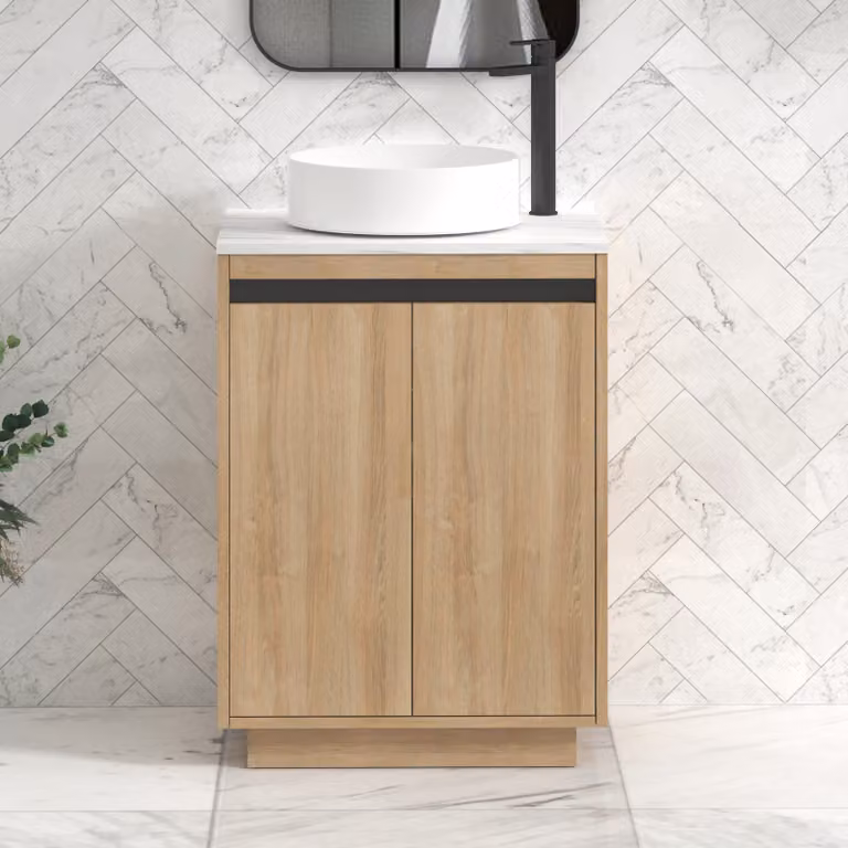 Royal Bathrooms Orion 600mm Natural Oak Floor Standing 2 Door Bathroom Vanity Unit with Carrara White Undrilled Worktop and Black Accent Trim