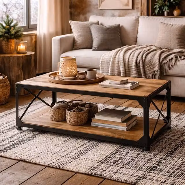 Wyld Haus Oulu Industrial Reclaimed Wood and Metal Coffee Table with Bottom Shelf in Brown