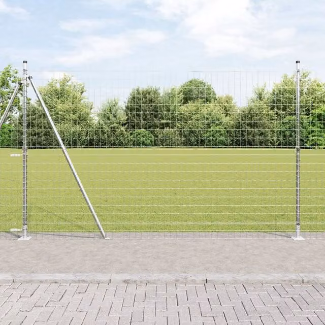 Berkfield Home Euro Fence with 7 Flanged Round Posts, Galvanised Steel, Silver/Grey, W: 10 m, H: 1.5 m – 1