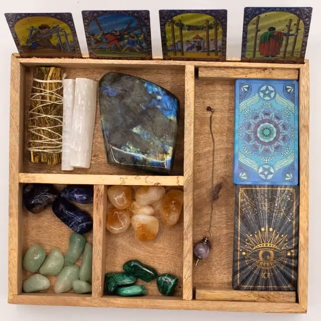 KDMK Brown Wooden Four Section Tarot Box with Card Holder and Crystal Storage