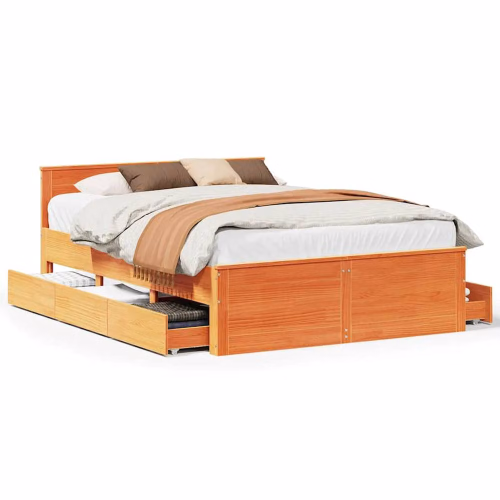 Berkfield Home Solid Pine Bed Frame with Headboard and Drawers, Wax Brown, W/D/H: 140 x 190 x 75 cm – 3