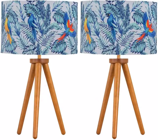 First Choice Lighting Set of 2 Brown Wood Table Lamps with Multicolour Fabric Cylinder Shades – 1