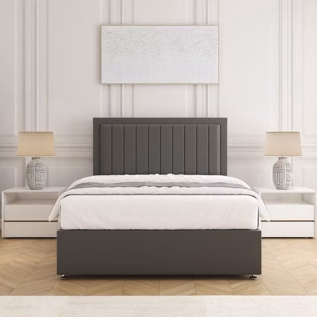 BSSPOKE Zarah Double Divan Bed Set with 24 inch Plush Velvet Headboard and Mattress in Grey, W/D/H: 140 x 200 cm