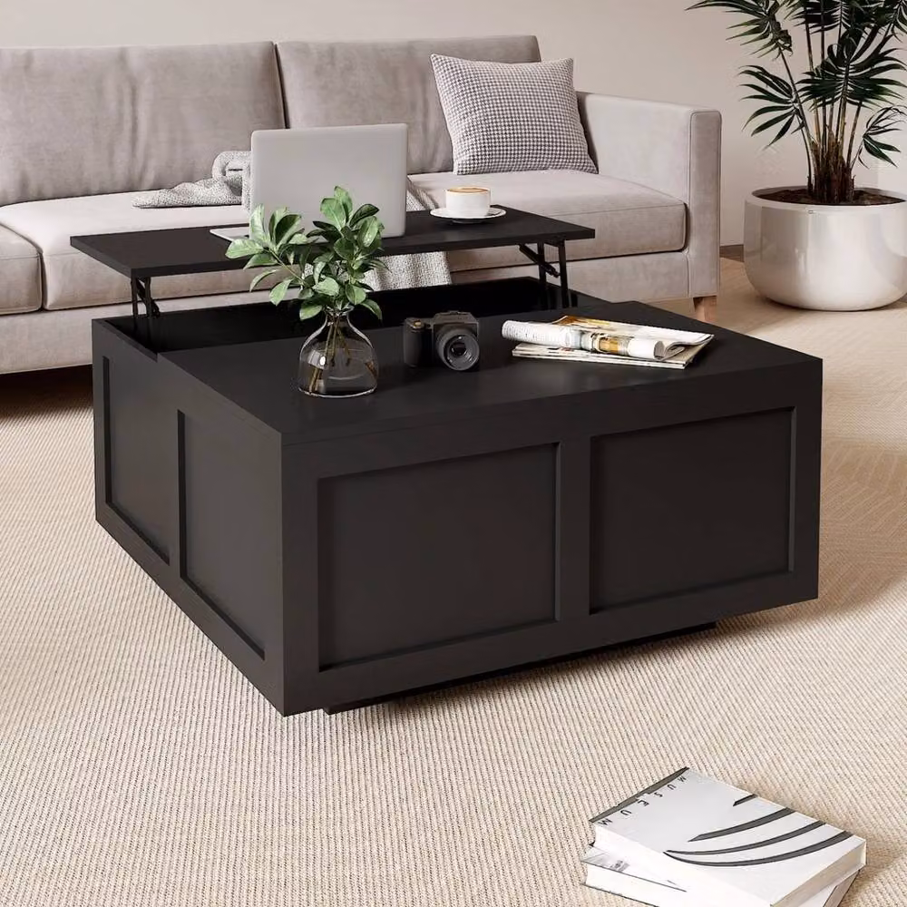 NESTLUNE Black Modern Square Coffee Table with Lift Top Storage and Glass Panel, W: 100 cm x D: 100 cm – 3
