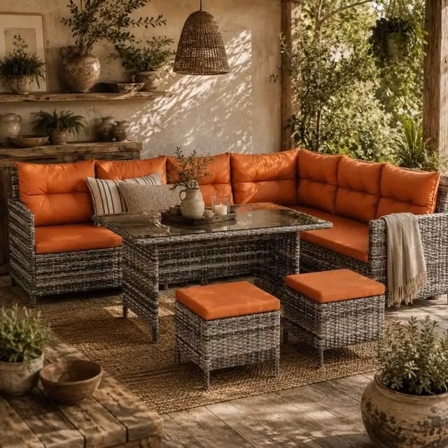 Wyld Haus Tasu 7 Seater Rattan Outdoor Corner Sofa Set with Orange and Grey Cushions
