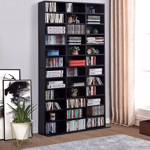 HOMCOM Modern Black Wooden Media Storage Display Shelf with Adjustable Compartments and Back Panel, H: 195.0 cm x W: 102.0 cm – 1