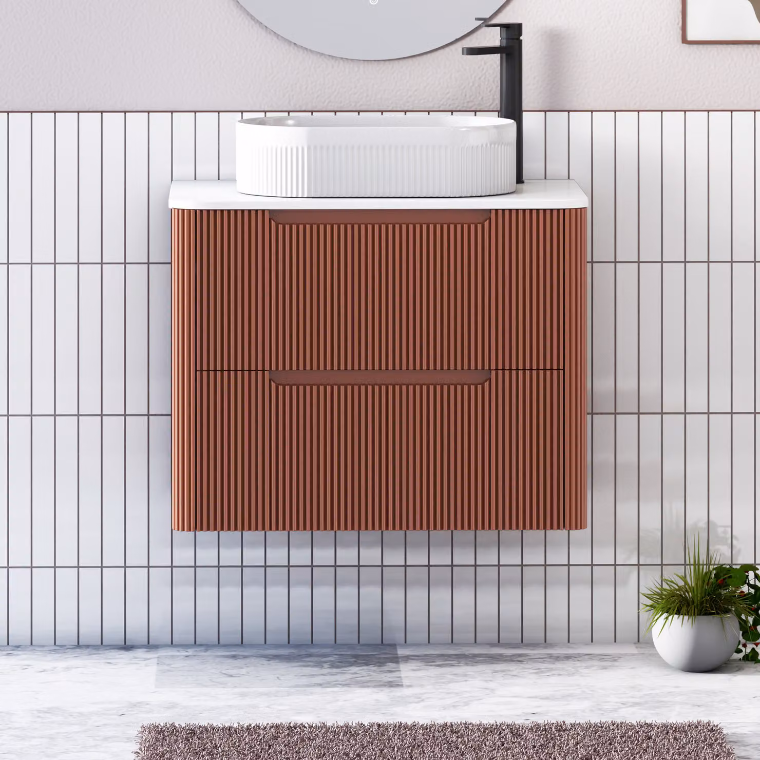 Royal Bathrooms Avenza 600mm Terracotta Clay Wall Hung Vanity Unit with 2 Drawers and White Lyon Basin