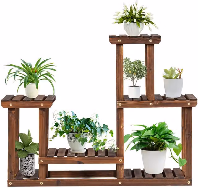 COSTWAY Multi Layer Rustic Brown Lacquered Wood Plant Pot Holder and Freestanding Planter