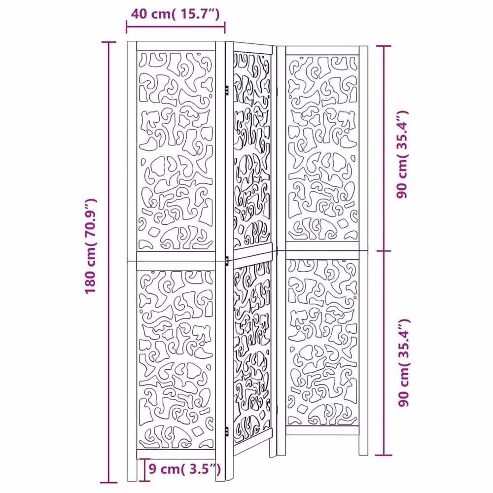 Berkfield Home 3-Panel Black Solid Wood Paulownia Room Divider, H 180 cm x W 330 cm (3 x 110 cm) – 5