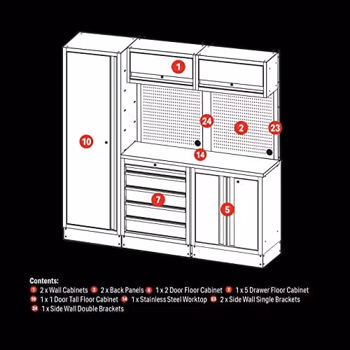 Draper BUNKER 04503 Modular Storage Combo with Stainless Steel Worktop, 11 Piece, Black, Floor Standing, W: 208 cm, D: 130 cm, H: 100 cm – 2