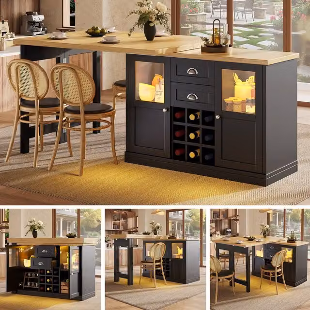 BTM Extendable Black Matt Sideboard with LED Lighting and Glass Storage Cabinet, W/D/H: 148 x 40 x 74 cm