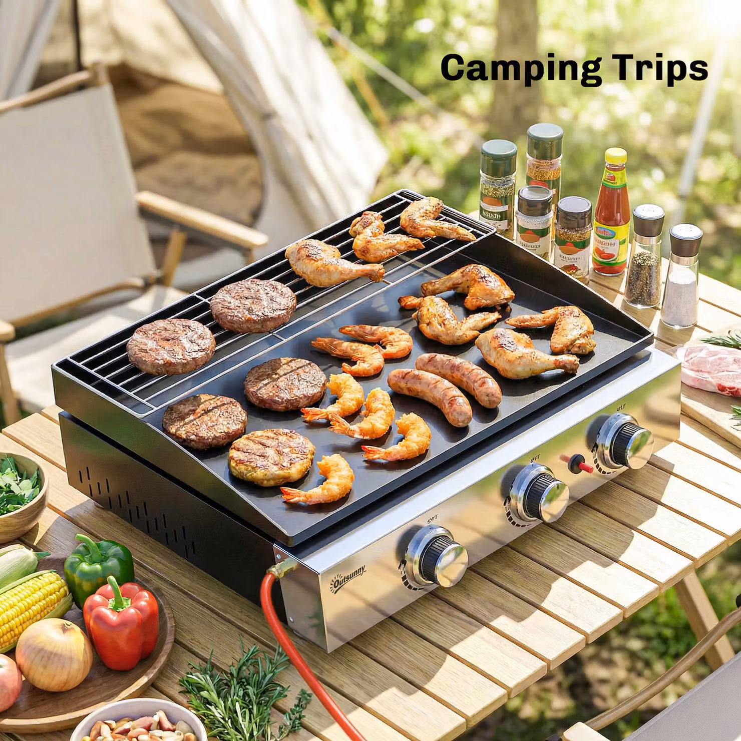 Outsunny 3 Burner Gas Plancha Tabletop Grill Griddle with Warming Rack, 7.5 kW, Black – 8