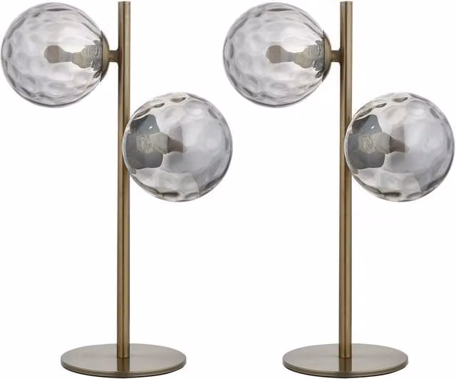 First Choice Lighting Becksley Set of 2 Table Lamps with Bronze Glass Globe Shades in Antique Brass