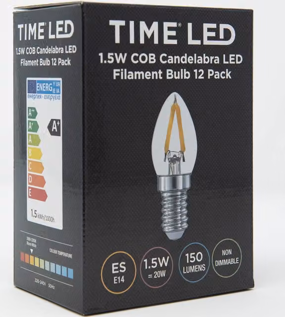 TIMELED 12 Pack Small Candle COB LED Light Bulbs, 1.5W E14, Warm White, Clear