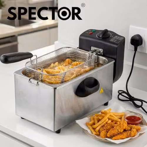 Spector 3L Deep Fat Fryer, 2000W Stainless Steel Electric Chip Fryer in Silver with Adjustable Temperature 90-190°C and Removable Non-Stick Bowl – 7