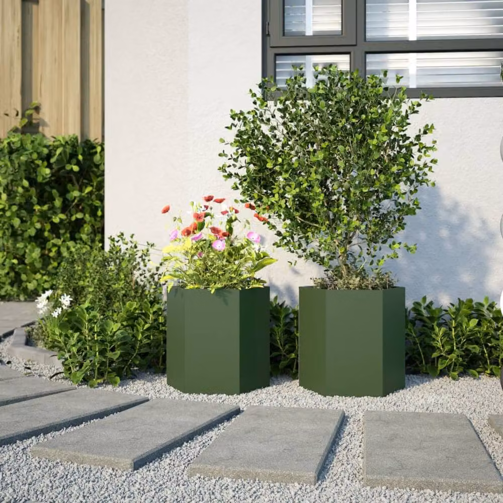 Berkfield Home Garden Hexagon Steel Planter Set, 2 Pieces, Green, W: 46 cm, D: 40 cm, H: 45 cm – 3