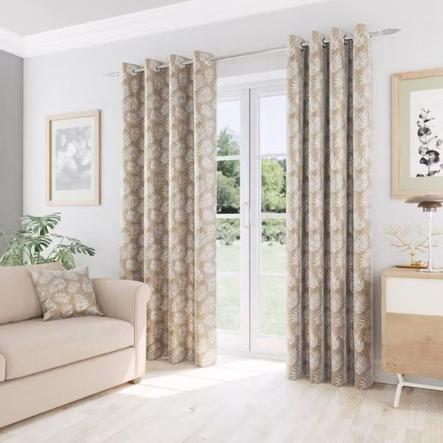 Oakland Thermal Eyelet Curtains with Floral Pattern in Beige and Brown, W: 183 cm, H: 229 cm