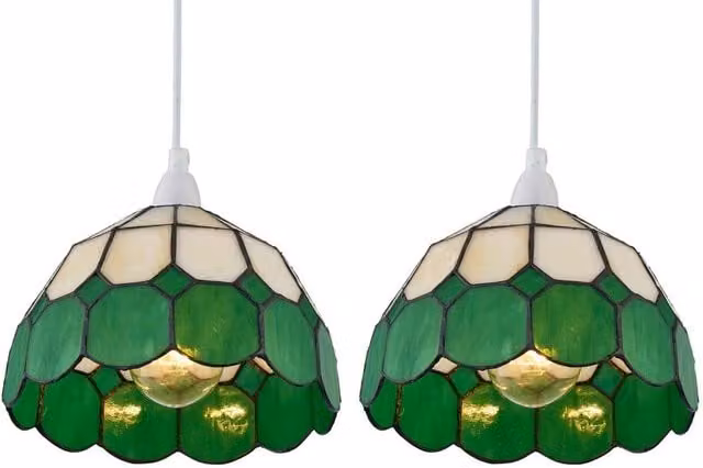 First Choice Lighting Set of 2 Green and Amber Multicolour Tiffany Glass Easy Fit Pendant Shades