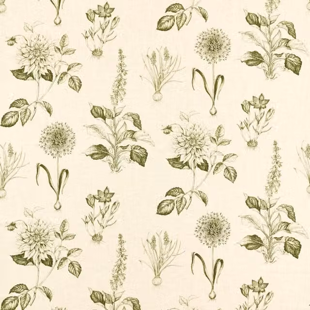 Clarke & Clarke Roseraie Floral Fabric in Sage Green and Beige