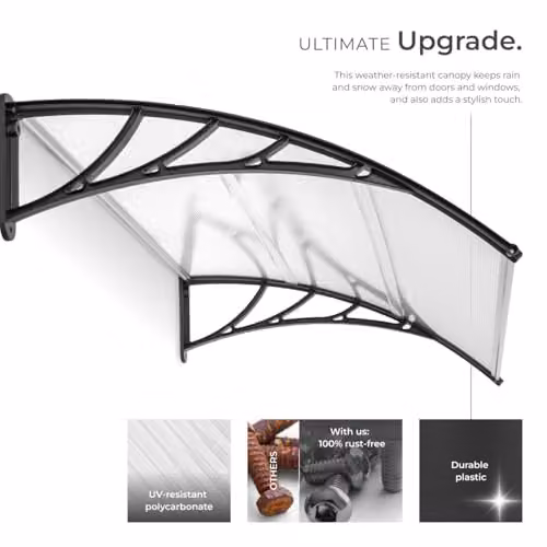 tectake Front Door Canopy with Translucent Polycarbonate Panels and Arched Side Struts, Black, W: 150 cm, H: 93 cm – 3