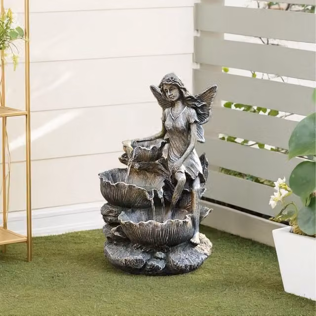 Lifeideas Solar Powered Tabletop Garden Fountain with Fairy Statue in Grey