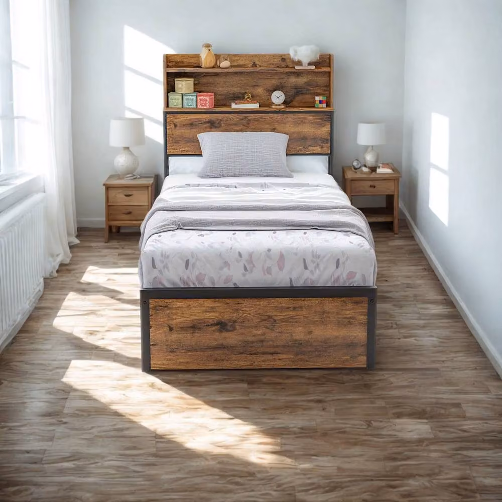 Pirlo Plush Single Industrial Bed Frame with Headboard and Side Compartment Storage in Brown and Black – 3