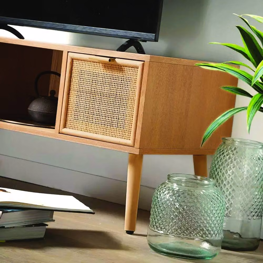 CALICOSY MIYA TV Stand with 2 Drawers and Rattan Fronts in Light Brown, W: 100 cm – 3