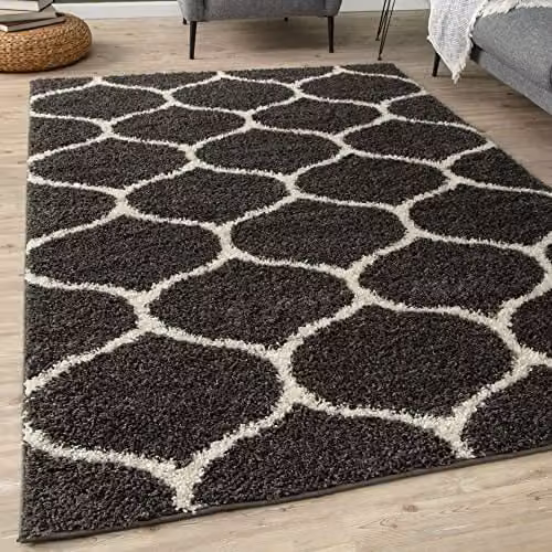 THE RUGS Moroccan Shaggy Area Rug in Dark Grey and White, W: 80 cm, L: 300 cm – 1