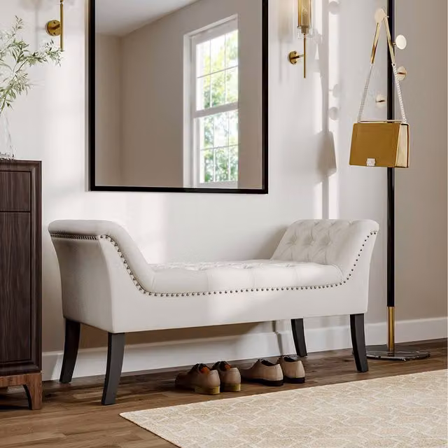 Livingandhome Modern Velvet Buttoned Bench with Armrests in White