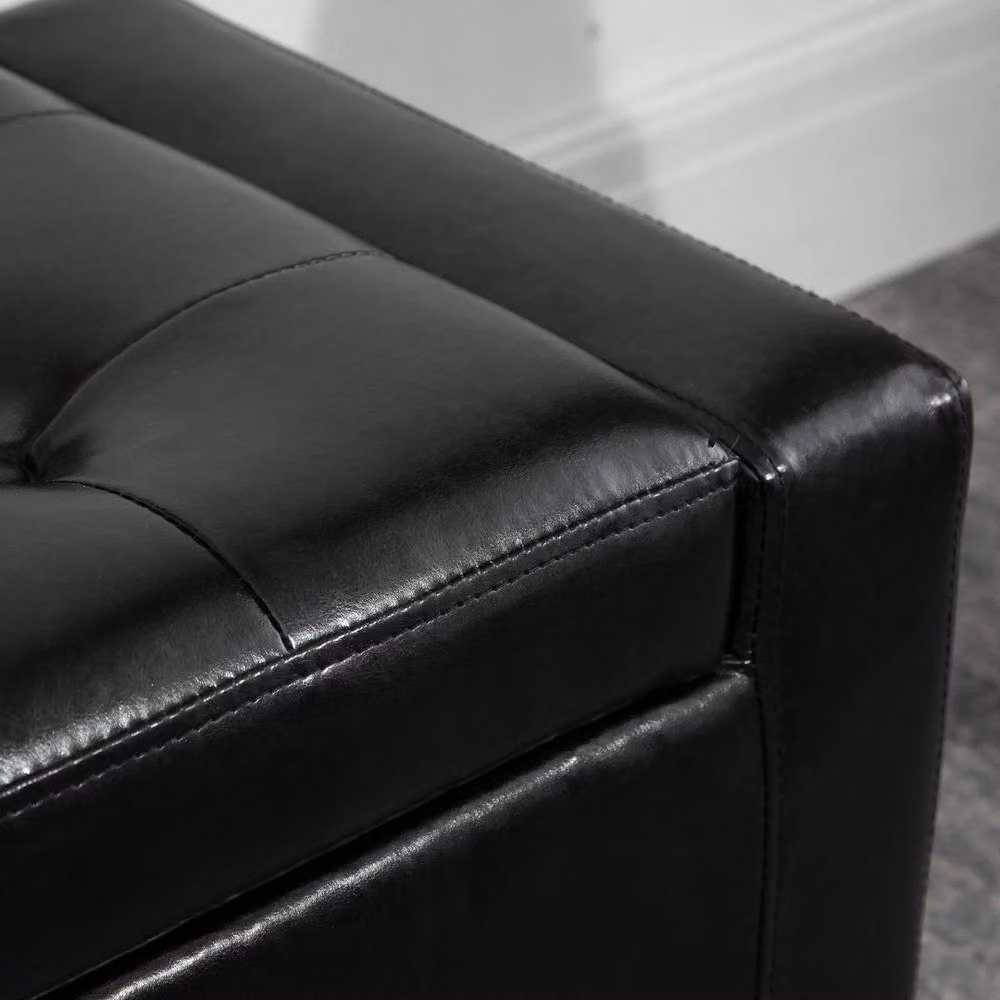 VOGREX Black Tufted PU Ottoman Bench with Wood Frame Feet, W: 90 cm, D: 40 cm, H: 40 cm – 4