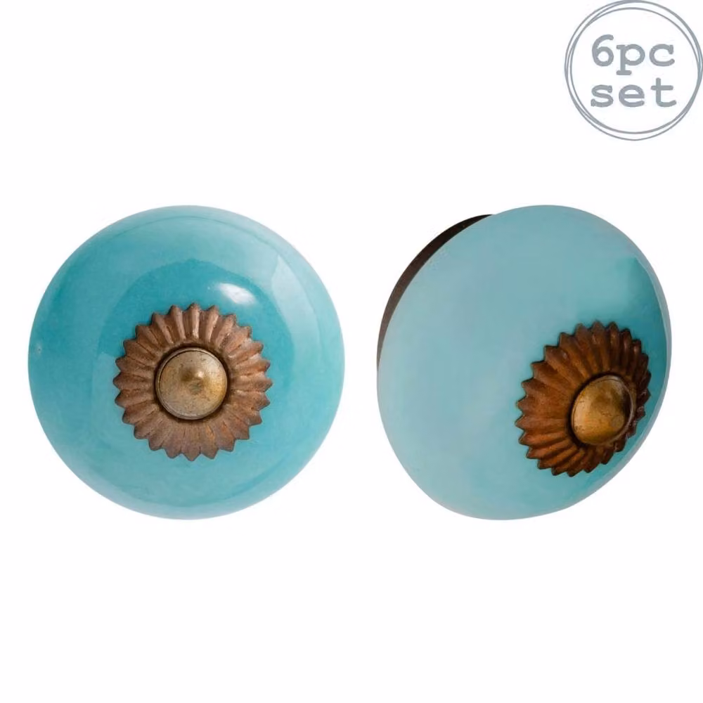 Nicola Spring Set of 6 Turquoise Ceramic Round Cabinet Knobs and Drawer Handles – 2