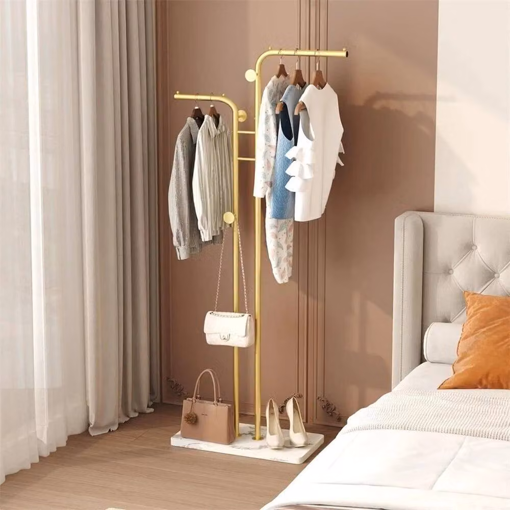 KORVIXA Gold Metal Freestanding Post Tree Hallway Clothes Stand with Dual Hook and Rail Matrix, Height: 90 cm – 3