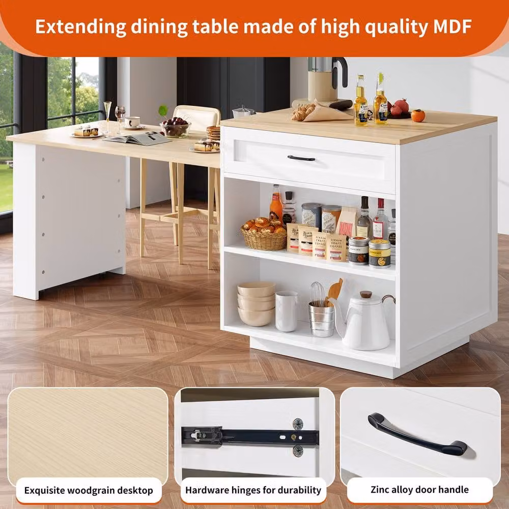 Merax Extendable Kitchen Island with Pull-Out Dining Table and Dual-Side Drawers in White – 3