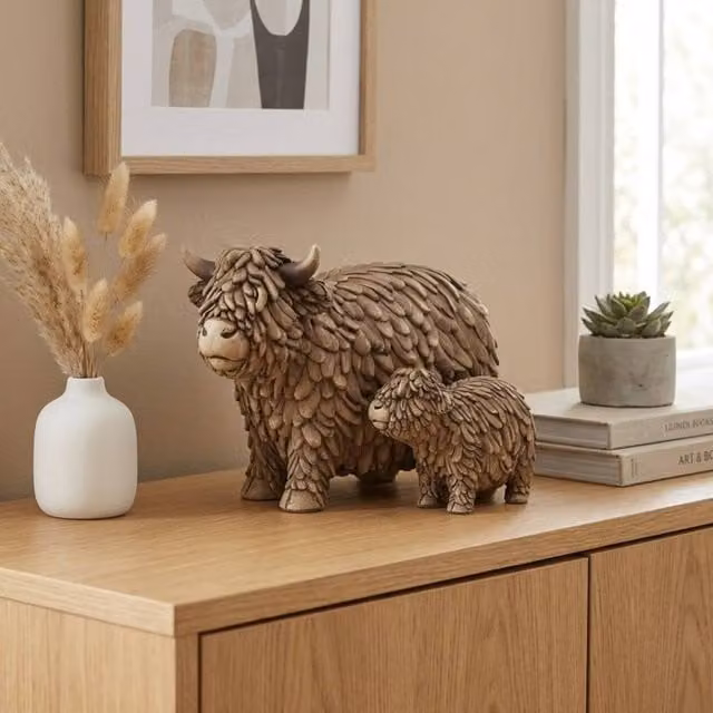 Garden Greatness XL Hughie Highland Cow and Calf Rustic Brown Tabletop Ornament