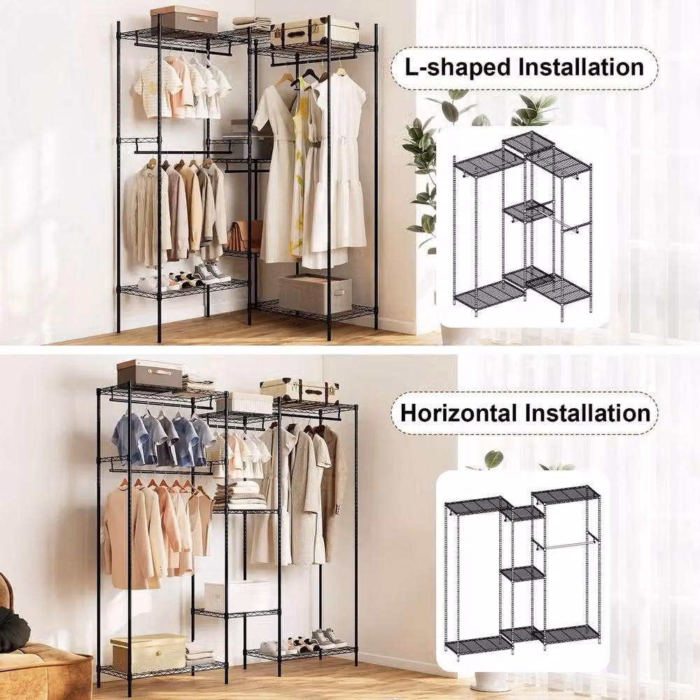 VOGREX Portable Convertible Clothes Wardrobe Organizer in Black with Adjustable Shelves and Hanging Rod – 4