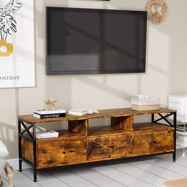 Levede Industrial TV Unit with 3 Drawers and 3 Shelves for 65 Inch TVs, Yellow
