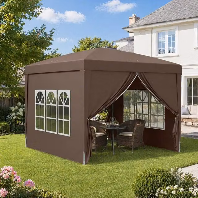 STILVORA Pop-Up Gazebo with Removable Walls and Windows in Brown and Silver, W/D/H: 300 x 300 x 196 cm