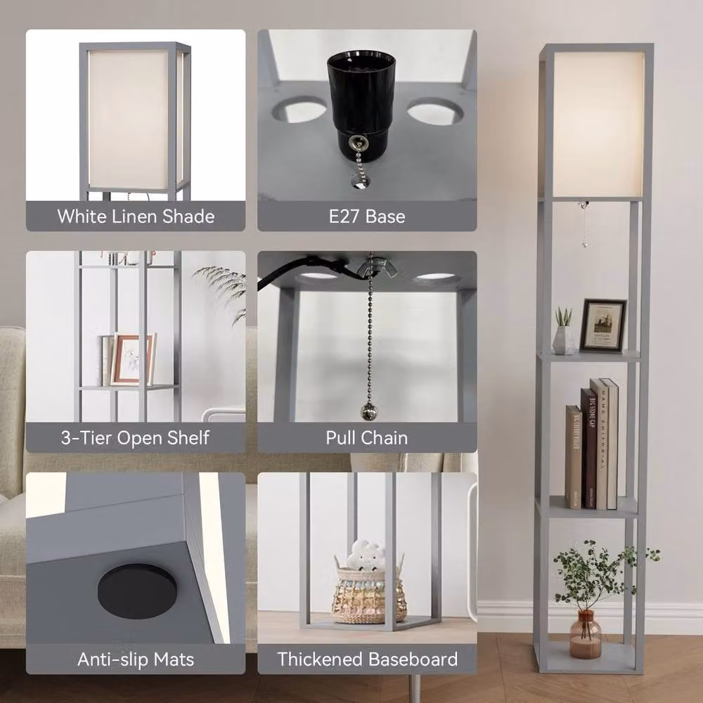 EONLION Modern LED Floor Standing Lamp in Grey with Wood and Fabric Details – 4