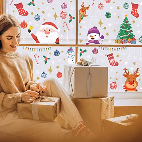 WALPLUS Christmas Window Stickers with Santa and Friends, 109 Piece Reusable Double-Sided Decals for Glass Display, Multicolour – 2