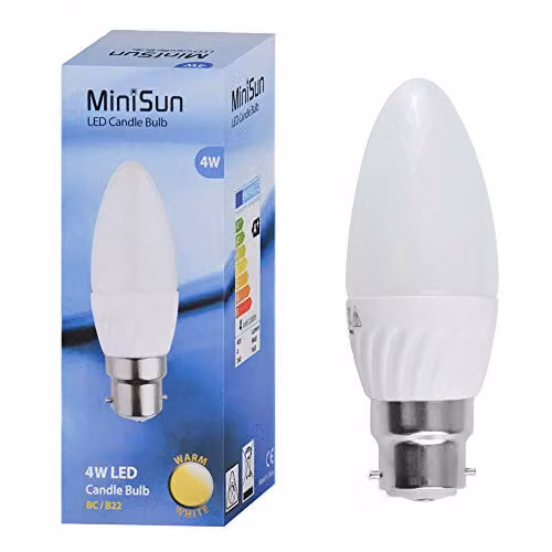 MiniSun Pack of 2 4W B22 LED Candle Bulbs, 3000K Warm White, Frosted Opal Replacement Bulbs – 3