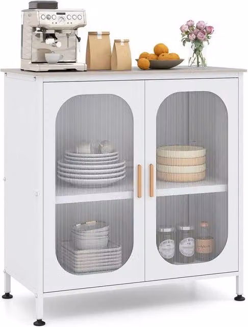 VOGREX Modern Freestanding Floor Sideboard in White with 2 Frosted Doors – 1