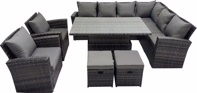 Fimous 10 Seat Rattan Garden Furniture Corner Sofa Set with 2 Small Footstools in Dark Grey – 1