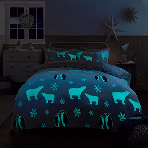 Gr8 Home Penguin and Polar Bear Glow in the Dark Reversible Fleece Duvet Cover and Pillowcase Set, Grey and Blue, W/D/H: 200 x 200 cm – 2