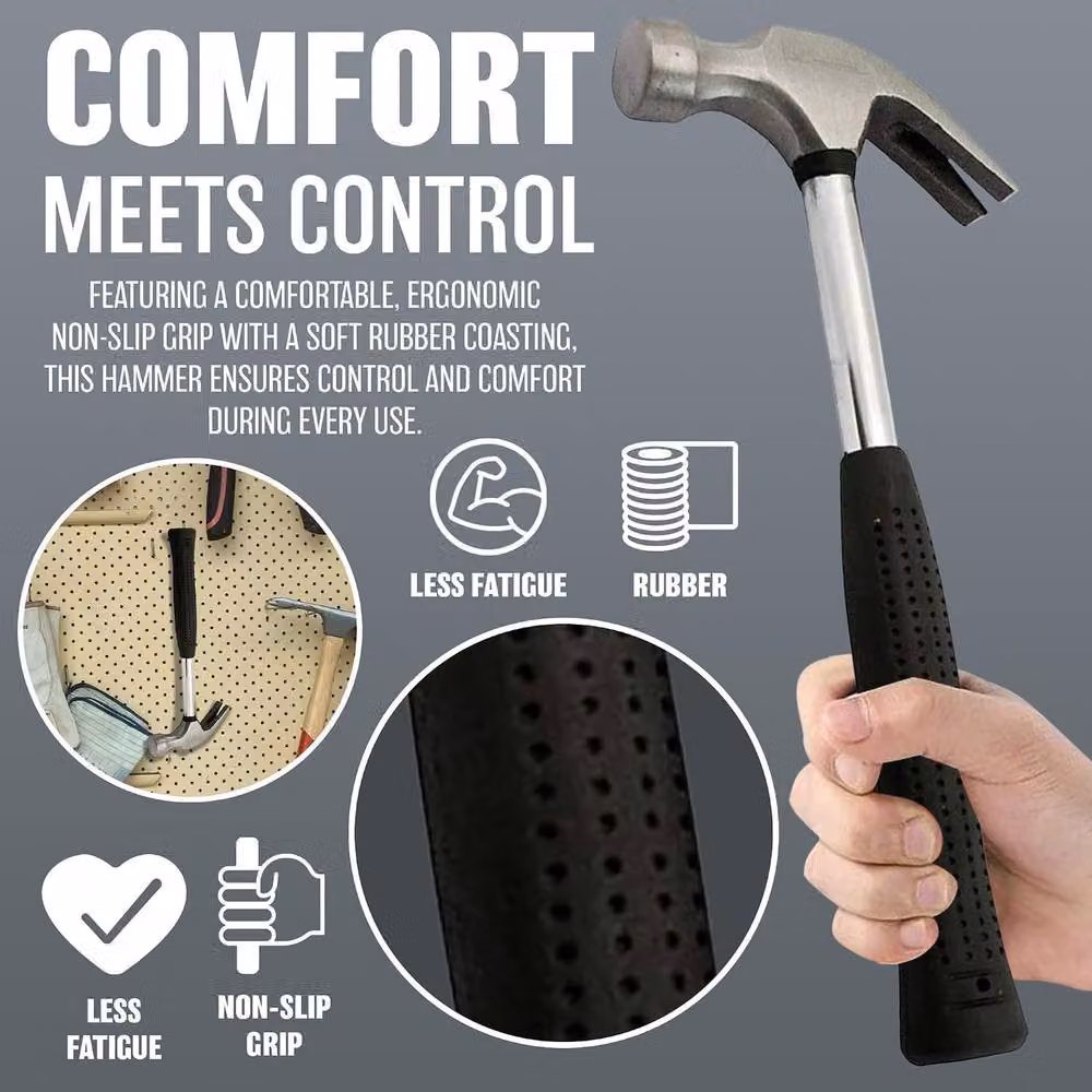 BARGAINS-GALORE 16oz Heavy Duty Claw Hammer with Steel Shaft and Non-Slip Black Rubber Grip – 4