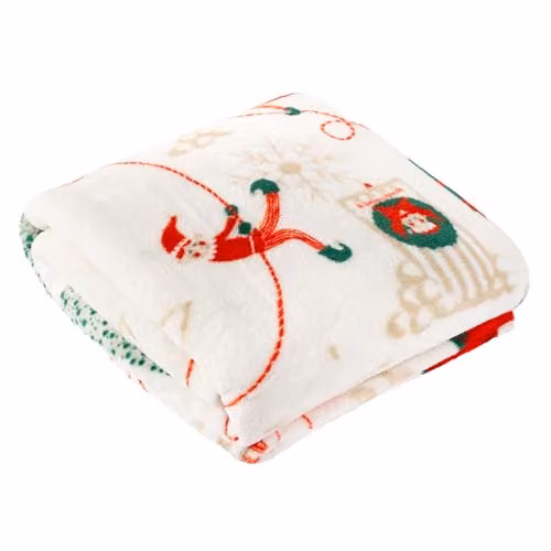 Duvet Day Elfie Christmas Fleece Throw in Beige, Green and Multicolour, W/D/H: 130 x 150 cm