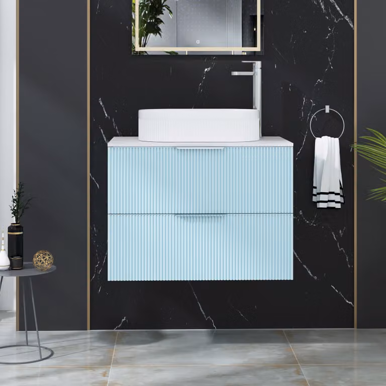 Royal Bathrooms Evora Powder Blue Fluted Wall Hung Vanity Unit with 2 Drawers and Lyon Basin